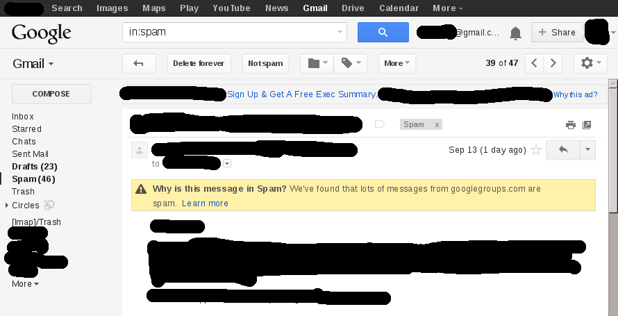 gmail screenshot with googlegroups.com are spam explanation